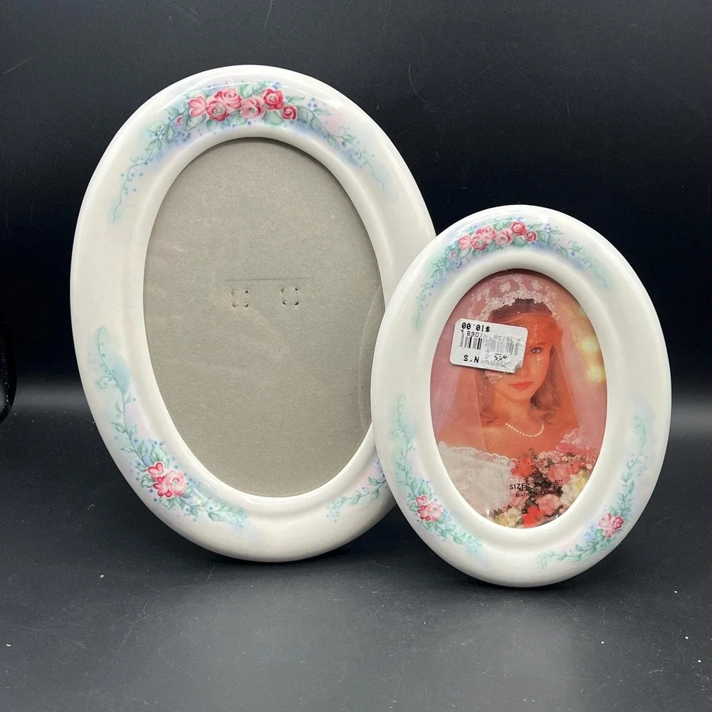 VTG Oval Ceramic Picture Frame Pink Floral Design Set of 2 Cottage Core 80s
